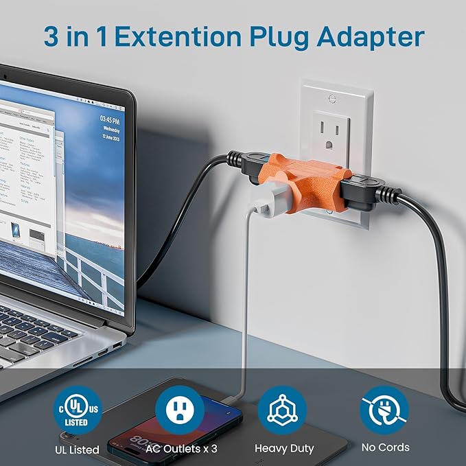 K KASONIC - 3-Outlet Grounding Adapter, [UL Listed] Plug Extender, Heavy-Duty Grounded Power Tap - 3 Pack (Multi-Color)