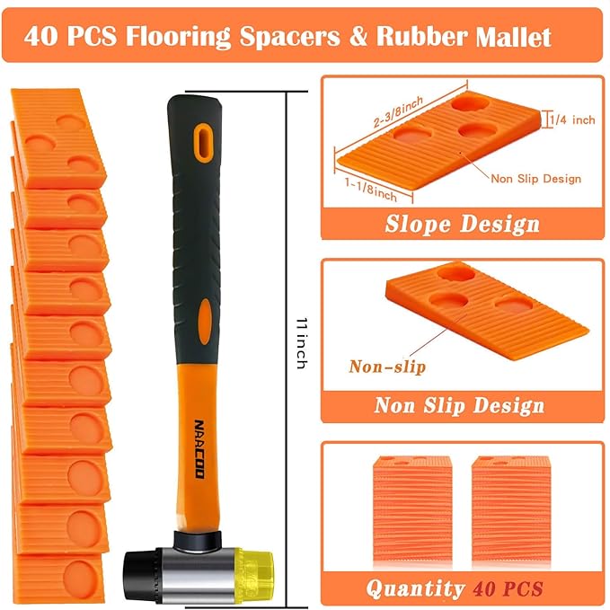 Laminate/Vinyl Flooring Tools, NAACOO Heavy Tapping Block for Vinyl Plank Floor - Knock 1-2 Times, Heavy Pull Bar, 40pc Flooring Spacers, Rubber Mallet - 4 in 1 Floor Installation Kit