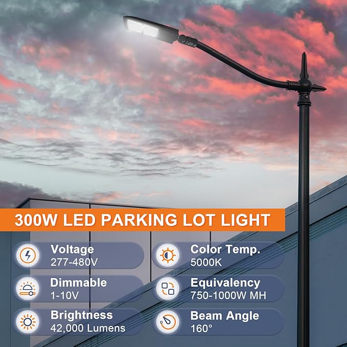 480V 300W LED Parking Lot Lights, 42000LM LED Shoebox Street Light Flood Light (1000W MH/HPS Equiv.), 5000K Dimmable Commercial Area Lighting with 20KV Surge Protection, IP65 277-480V UL&DLC Listed