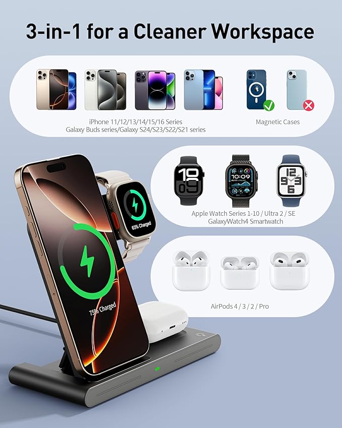 2025 Traveling Portable Wireless Fast Charger for Apple & Android Charging Station,3 in 1 Charging for iPhone 17 16 15 14 13 12,Apple Watch Series & Air pods 4 3 2 Pro,Samsung Galaxy-Gifts for Family