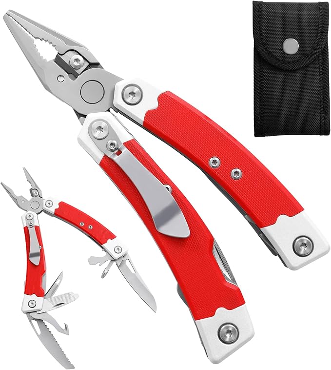 HANSHI G10 Handle Multitool Pliers with YG10 Tungsten Steel Replaceable Wire Cutters 12 in 1 Multi Tool Pocket Knife with Safety Lock,Saw,Bottel Opener for Camping,Survival with Nylon Sheath (red)