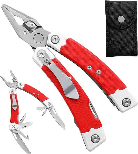 HANSHI G10 Handle Multitool Pliers with YG10 Tungsten Steel Replaceable Wire Cutters 12 in 1 Multi Tool Pocket Knife with Safety Lock,Saw,Bottel Opener for Camping,Survival with Nylon Sheath (red)
