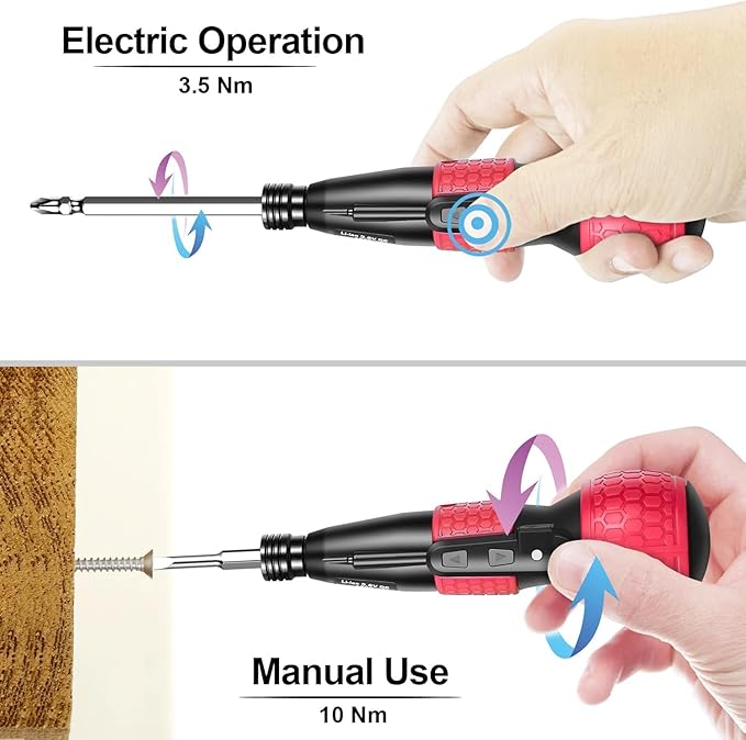 3.6V Cordless Rechargeable Electric Screwdriver - USB-C Charging 3.5Nm Torque, Magnetic Rust-Proof S2 Bits for Furniture Assembly (Red)