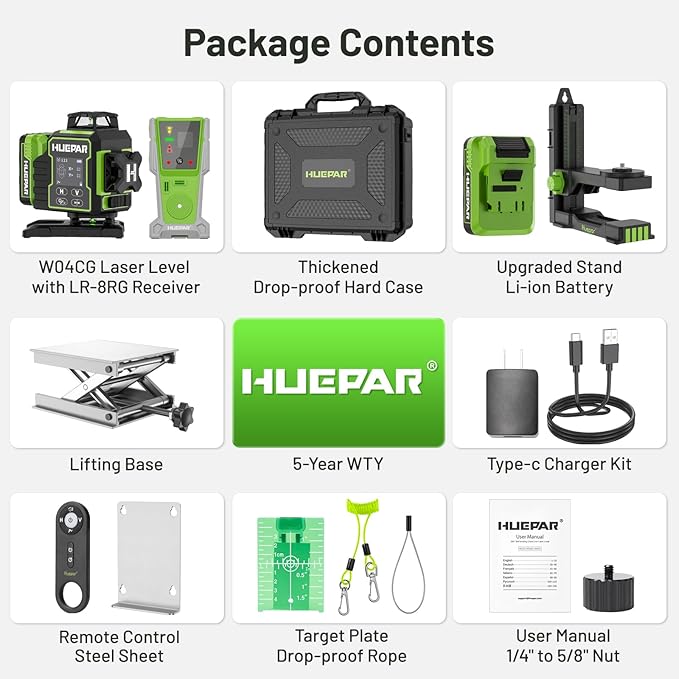 Huepar W04CG 4D Bluetooth Self Leveling Laser Level with Receiver, Up to 400ft Long Distance or Outdoor, 4x360° Green Beams for Construction, Tiling, Framing, Drop Ceiling, Floor Installation