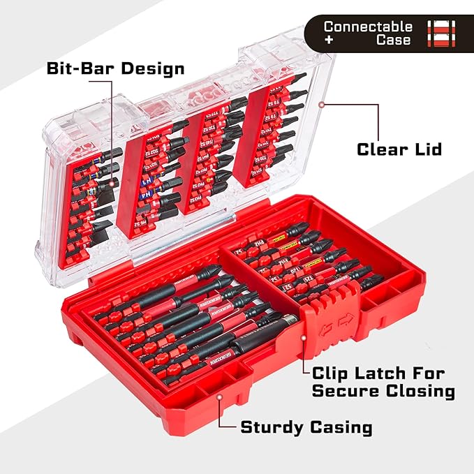 42Pieces Impact Screwdriver Bits Set, Magnetic S2 Steel Phillips/Slotted/Square/Torx Insert Power Bits Tips, Impact Bit Holder with Red Storage Box Case