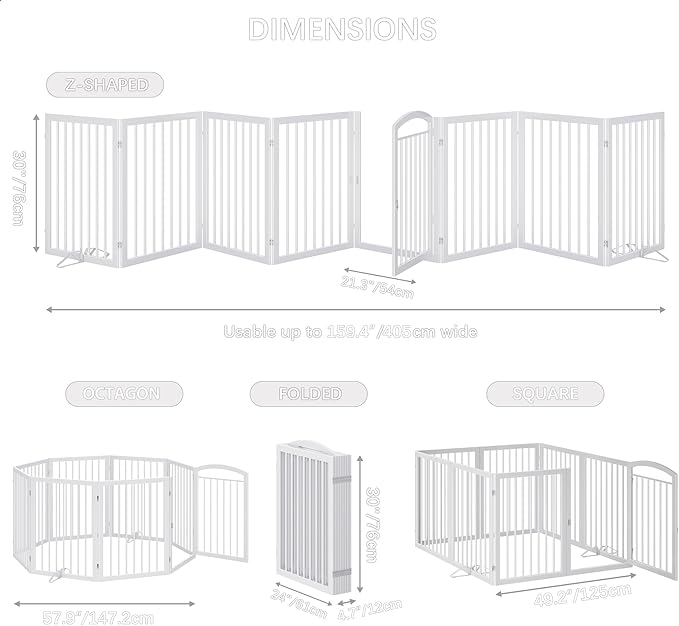 JSB 192-inch Extra Wide 30-inch Tall Dog gate with Door Walk Through,Full Matel Freestanding Round Tube Pet Gate for Halls Stairs, Puppy Safety Dog Fence with 4PCS Support Feet (White)