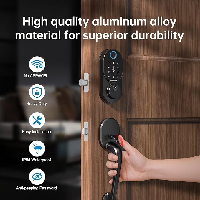 Smart Locks for Front Door: NUTOMO Keyless Entry Door Lock Deadbolt with Handle Set，Fingerprint doorlock Set,Electronic Digital Keypad Lock with Handle, Easy intall Code Auto Lock for Home Black