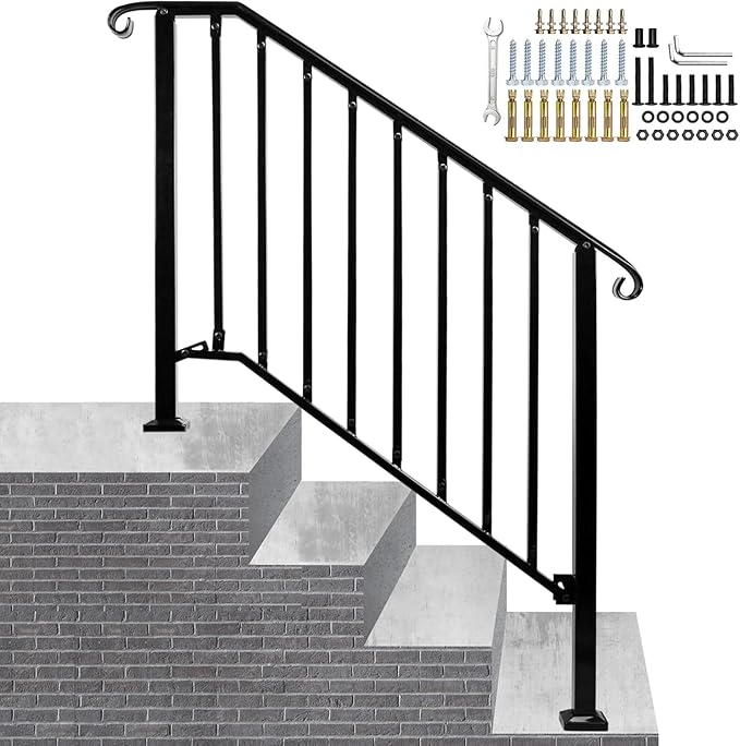 Adjustable Handrails for Outdoor Steps, Handrail Picket #3 Fits 3 or 4 Steps, Mattle Wrought Iron Handrail, Stair Rail with Installation Kit for Outdoor Steps