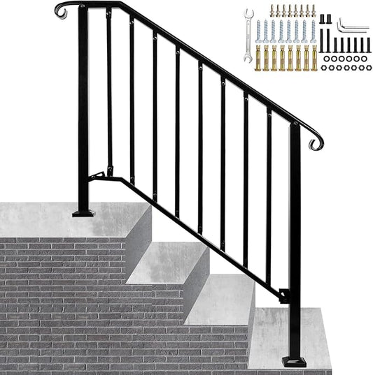 Adjustable Handrails for Outdoor Steps, Handrail Picket #3 Fits 3 or 4 Steps, Mattle Wrought Iron Handrail, Stair Rail with Installation Kit for Outdoor Steps