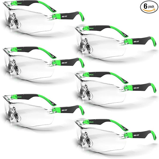DEX FIT Safety Glasses SG210; 6 Pairs, Z87, Anti-Fog & Scratch Resistant, Adjustable for Women and Men, UV Protection (Black & Green Frame, Clear Lens)