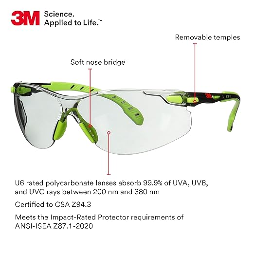 3M Safety Glasses, Solus 1000, S1207SGAF, ANSI Z87, Scotchgard Anti-Fog Lens, Green/Black Frame, Indoor/Outdoor Gray Lens, Padded Temple, Soft Nosebridge, UV Protection, Premium Eye Protection