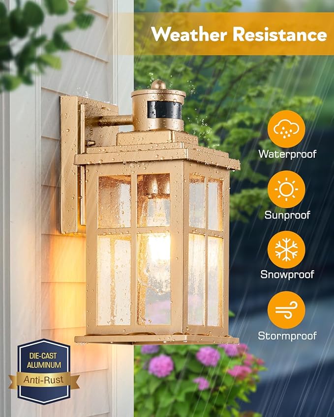VIANIS 2 Pack Motion Sensor Outdoor Wall Lights, Modern Gold Exterior Garage Lighting Fixtures Wall Mount for House, Anti-Rust Waterproof Dusk to Dawn Front Porch Lights Wall Lantern Sconce for Patio