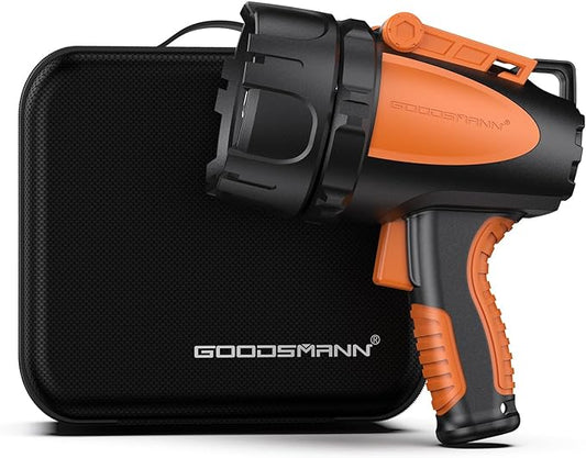 GOODSMANN Rechargeable Spotlight Waterproof Flashlight up to 4500 Lumen Handheld Searchlight Hunting Light with EVA Carrying Case USB Adapter Car Charger 9924-H101-02