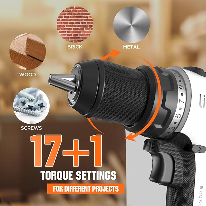 Litheli Cordless Drill Driver, Brushless Electric Power Drill with 2 Variable Speed, 1/2 Inch Keyless Chuck, 17+1 Clutch Settings with Maximum Torque of 530 In-lbs (Battery and Charger not Included)