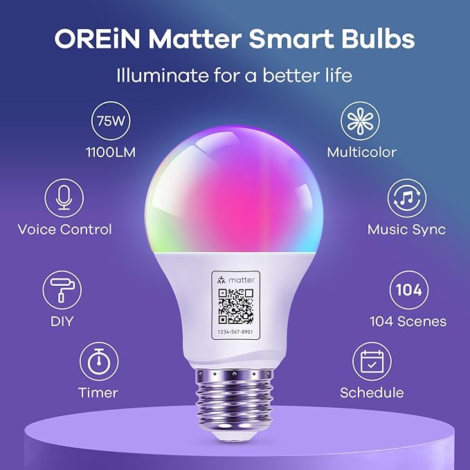 OREiN Matter Smart Light Bulb, 1100 Lumens 75W Equivalent Smart Light Bulbs, Color Changing Light Bulbs Work with Apple Home, Alexa, Google Home, SmartThings, A19 Smart Bulbs 2.4Ghz WiFi, 2Pack