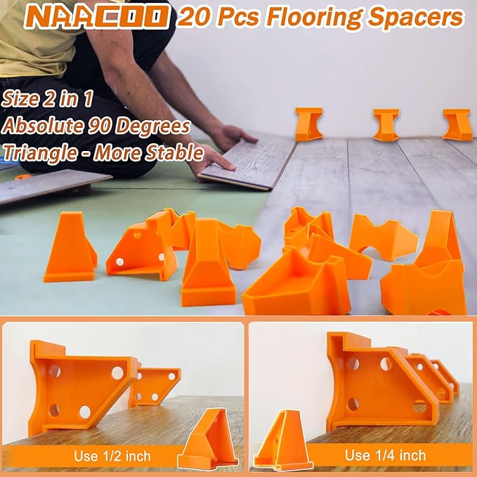 Laminate/Vinyl Flooring Tools, NAACOO Heavy Tapping Block - Knock 1-2 Times, Heavy Pull Bar, 20pc Upgrade Flooring Spacers, Rubber Mallet - Professional 6 in 1 Floor Installation Kit.