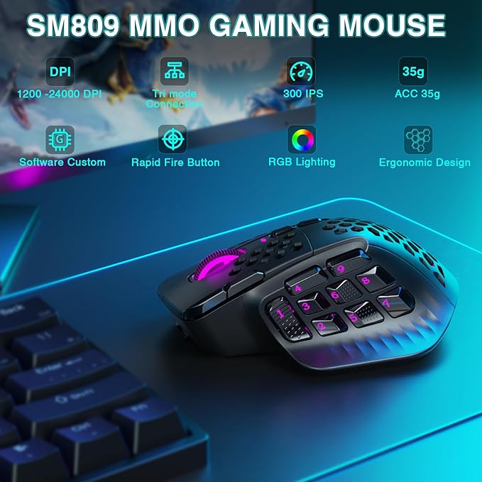SM809 Pro Wireless MMO Gaming Mouse with 9 Side Buttons,24000 DPI,Triple Connectivity (2.4G/BT5.0/Wired) RGB MMO Mouse for Gamer,16 Programmable Macros,Up to 350H Battery Life,Black