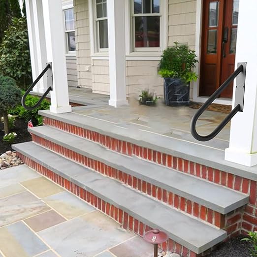 2 Pack U-Shaped Stair Handrails for 1-2 Steps, 18" Black Stair Railings for Indoor or Outdoor, Wall Mounted Hand Railings for Porch Garage, Safety Grab Bar for Stairs