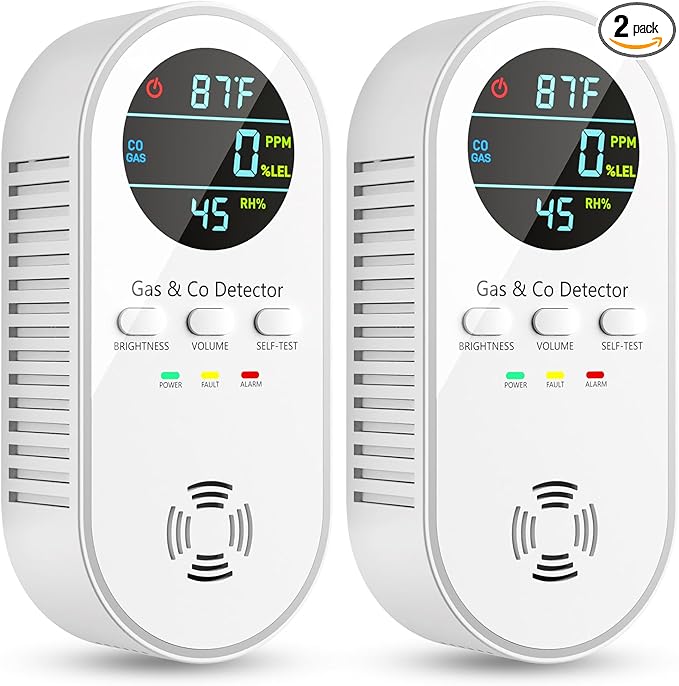 5-in-1 Carbon Monoxide Detectors, Natural Gas Leak Detector, Plug-in & Battery Backup Co Detector, HD Digital Display, CO Gas Temp Humidity Sensor, 2-Pcs, White