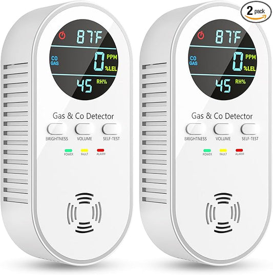 5-in-1 Carbon Monoxide Detectors, Natural Gas Leak Detector, Plug-in & Battery Backup Co Detector, HD Digital Display, CO Gas Temp Humidity Sensor, 2-Pcs, White