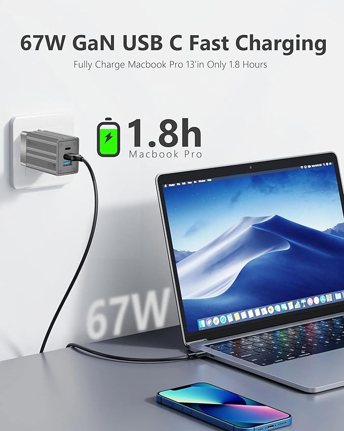 USB C Fast Charging Block，67W GaN Fast Charger 3-Port，Acoucou Adapter Type C Wall Chargers for iPhone 16,15,14,13,12, iPad, MacBook, Galaxy S25, S24, S23, Tablet
