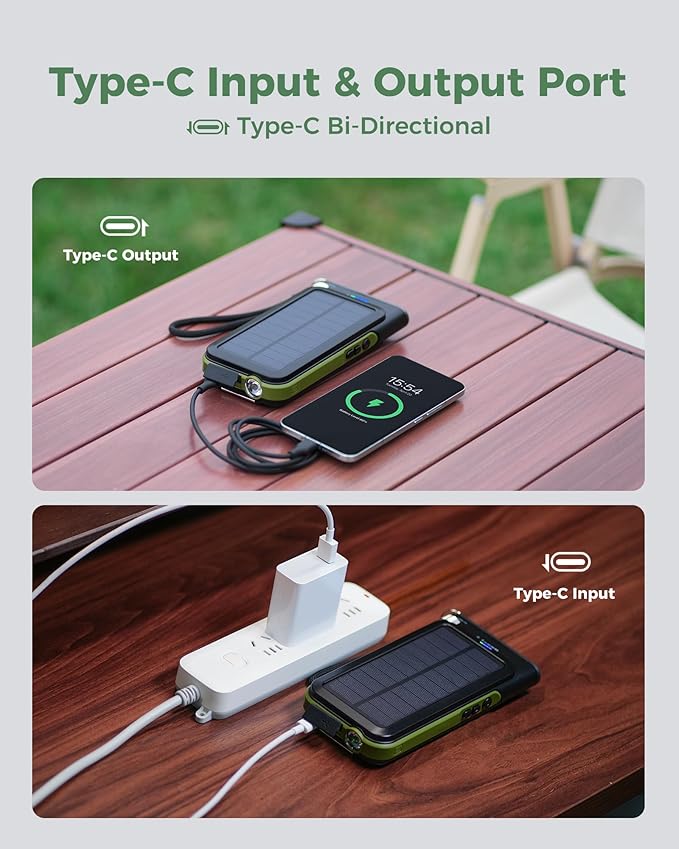 GOODaaa Solar Power Bank, 45800mAh Wireless Portable Charger Built-in Cables,15W Fast Charging Solar Charger, USB C in&Out and USB A Battery Pack for Outdoor with Radio,Flashlight