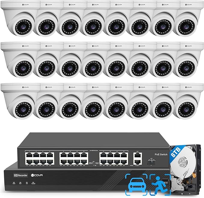 4COVR 32 Channel Security Camera System PoE & AI Human Vehicle Detection, H.265 UHD NVR 8TB HDD, 24Pcs 5MP Commercial Dome IP Camera IP67 Night Vision, Business Surveillance Outdoor, LY97AX5M3224
