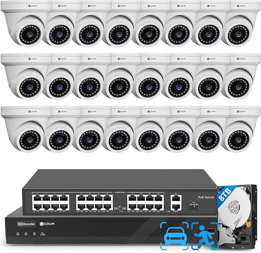4COVR 32 Channel Security Camera System PoE & AI Human Vehicle Detection, H.265 UHD NVR 8TB HDD, 24Pcs 5MP Commercial Dome IP Camera IP67 Night Vision, Business Surveillance Outdoor, LY97AX5M3224