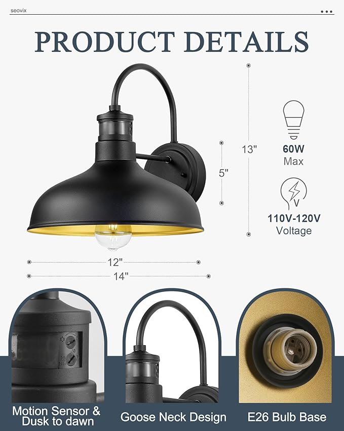 2 Pack 12" Motion Sensor Barn Lights, Outdoor Wall Lights with Dusk to Dawn Feature, IP65 Waterproof Farmhouse Gooseneck Light for House, Patio, Garage，HSMD2215-2