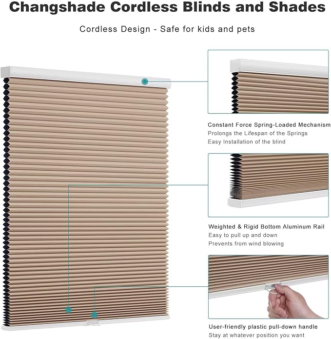 Changshade Cordless Cellular Shades, Blackout Honeycomb Shades for Windows, Pull Down Pleated Blinds, Easy to Install for Indoor Windows and French Doors,31" W x 72" H, Light Brown