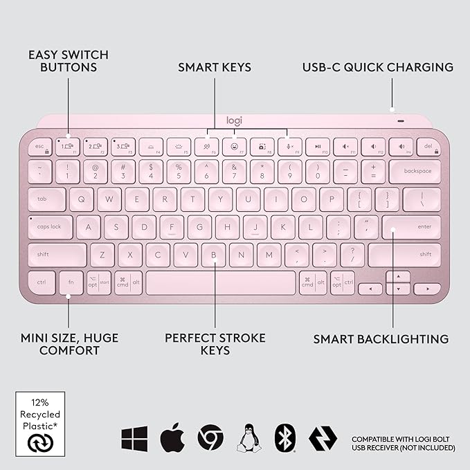 Logitech MX Keys S Wireless Keyboard, Low Profile, Fluid Precise Quiet Typing, Programmable Keys, Backlighting, Bluetooth, USB C Rechargeable, for Windows PC, Linux, Chrome, Mac - Rose