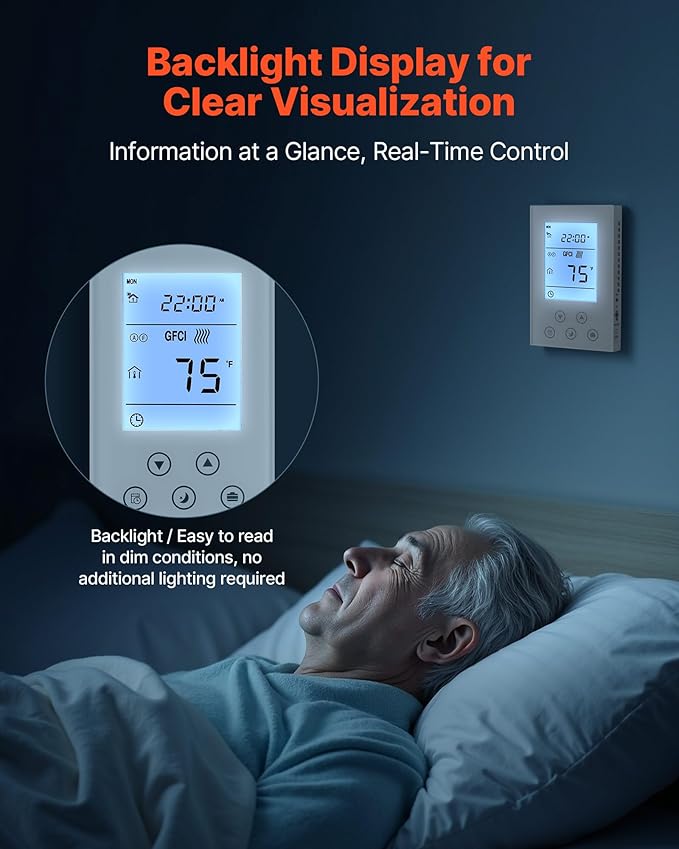 VEVOR 7-Day Programmable Thermostat, Home Thermostats for Radiant Underfloor Heating Cable,Heat Pump, Built-in GFCI & Sensitive Sensor, LED Screen with Backlight,Energy-Efficient,White