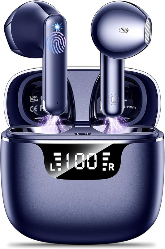 Wireless Earbuds, Bluetooth 5.4 Headphones with 42H Ultralight Ear Buds,Bluetooth Earbuds with 4 ENC Noise Cancelling Mics, HiFi Deep Bass Dual LED Display USB-C, Waterproof Earphones Blue