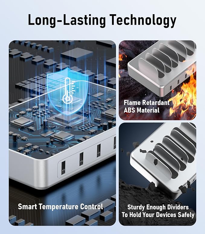 CREATIVE DESIGN 6 Port Charging Station for Multiple Devices,50W Multi Phone Charging Station with 6 Cables, Multiple USB Charger Station Designed for Cellphone iPad iPhone Tablet (Silver)