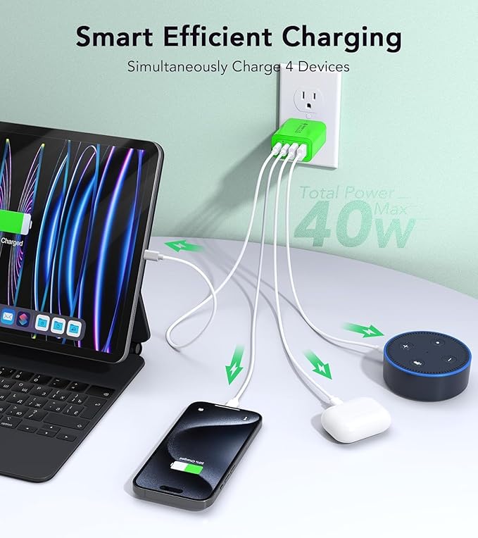 2 Pack USB C Charger, 40W Fast Charge Cube, 4-Port QC+PD Wall Plug,Multi-Port Type C Power Adapter for iPhone 16 15 14 13 12 Pro Max XS XR 8,Galaxy S24,Nexus,HTC,Google Pixel,and More(Green)
