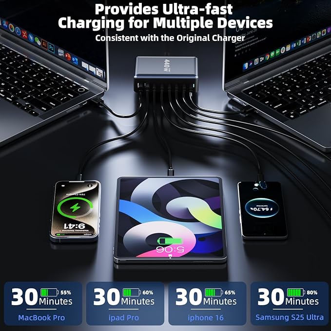 440W Fast Charging 8 Port USB C Charger Block, Multi-Device USB Charging Station Wall Desktop Charger with GaN Ⅲ Technology, USB-C Charger Adapter for MacBook/iPad/iPhone 16/Samsung Galaxy/DELL/HP