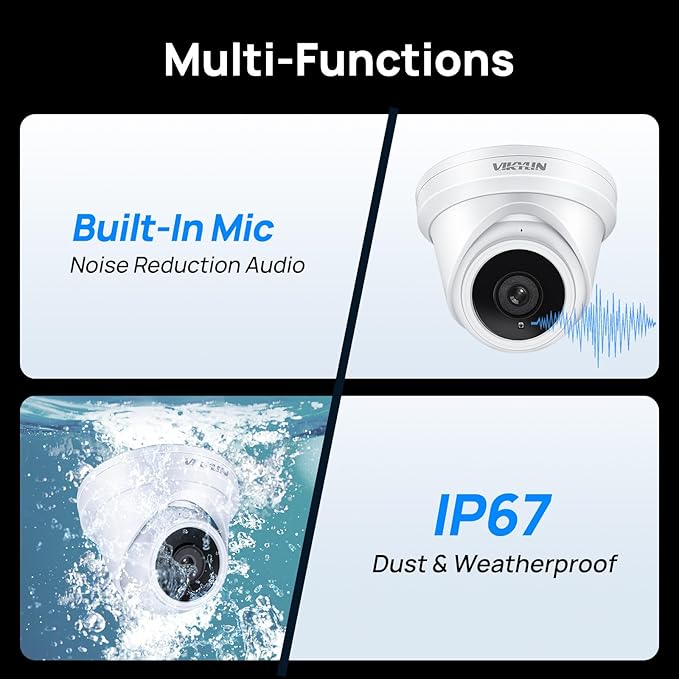 VIKYLIN 4K 8MP PoE IP Camera Outdoor, 4K PoE Turret Camera with Human Vehicle Detection,2.8mm Lens, 98ft EXIR2.0 Night Vision,Built-in Mic, WDR,IP67 Weatherproof, Plug & Play,Blue Iris, NDAA Compliant