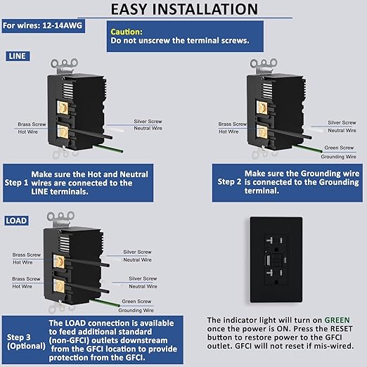 20AMP GFCI Outlet with Type A & Type C USB Charging Ports, Self-Test, LED Indicator, Tamper Resistant, GFCI Receptacle Outlet, Screwless Wall Plate Include, ETL Listed, Black