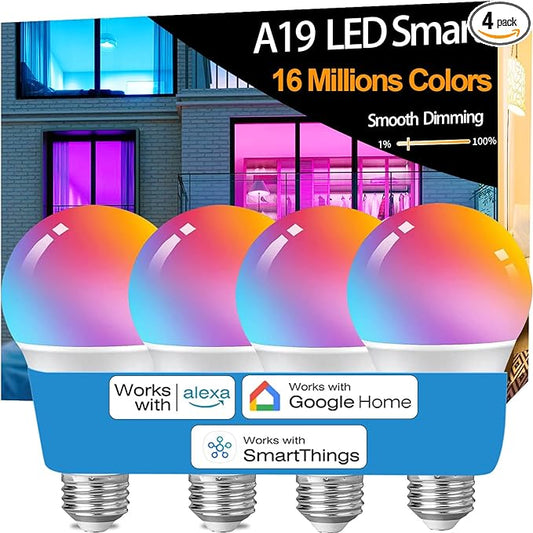 Vinaco A19 Smart LED Bulb 9W 800LM, 60W Equivalent, RGB Color Changing Light Bulb Work with Alexa & Google Assistant, WiFi Bluetooth Light Bulbs E26 Base, Smart A19 Dimmable Light, No Hub Needed