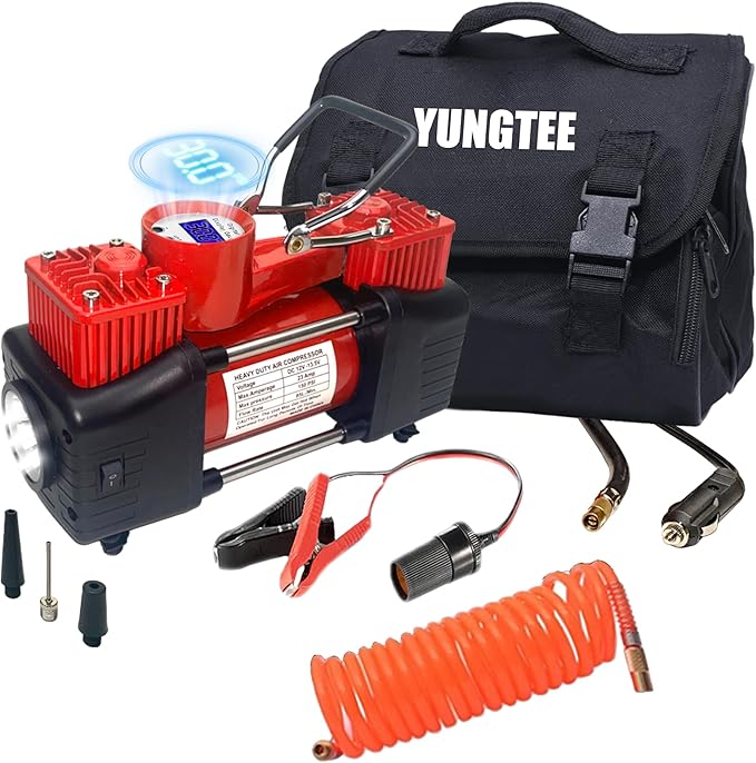 YUNGTEE Red Tire Inflator Heavy Duty Double Cylinders Direct Drive Inflation Pump,12V Portable Air Compressor Pump with LED Light-Digital Pressure Gauge 150PSI Tire Pump,Apply to Car,SUV,Air Bed