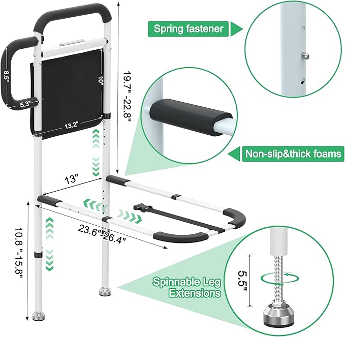 RELIANCER Bed Safety Rail for Elderly Adults w/Support Leg & Motion Light,Dual Handle Assist Grab Bar for Seniors,Adjustable Bedside Support Railings,Bed Side Assist Guard Rail,Bedside Hand Guard Bar