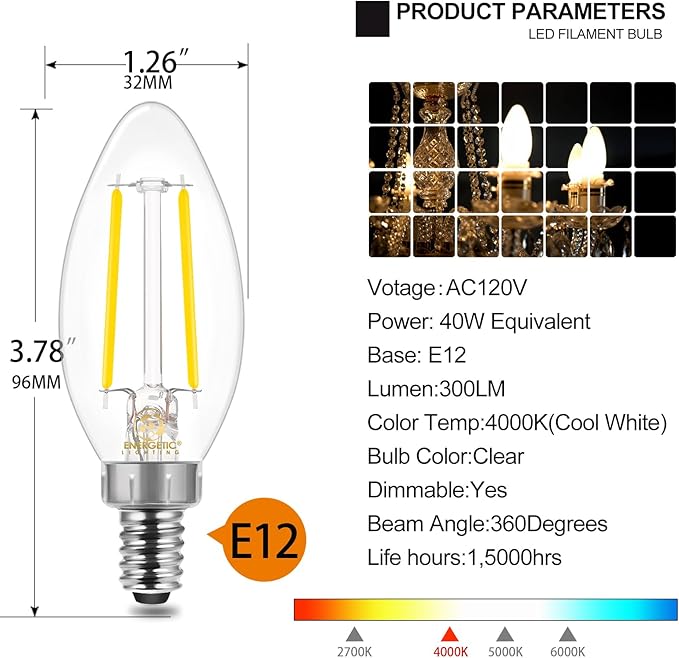 Energetic E12 B10 LED Classic Candelabra Clear Light Bulb, 40 Watt Equivalent, Cool White 4000K, Filament Clear Glass, Non-Dimmable, UL Listed Pack of 6