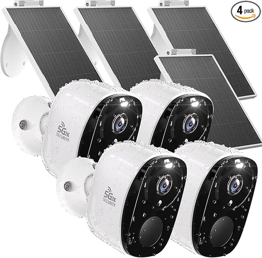 Rraycom 4pc Solar Security Cameras Wireless Outdoor, 2K Battery Powered Cameras for Home Security, 2.4/5G WiFi Camera with Solar Panel, Color Night Vision, AI Detection, 2 Way Talk, IP65, SD/Cloud