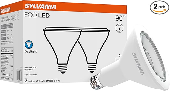SYLVANIA ECO LED PAR38 Light Bulb, 90W = 14W, 7 Year, Non-Dimmable, 1100 Lumens, Clear, 5000K, Daylight – 2 Pack (40882)