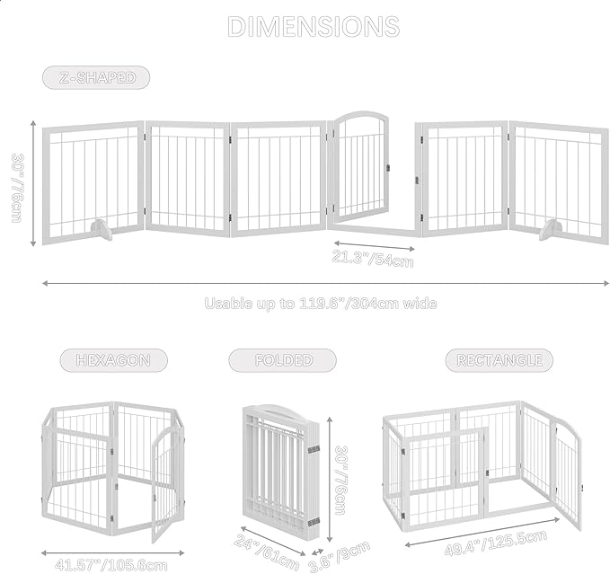 JSB 144-inch Extra Wide 30-inch Tall Dog gate with Door Walk Through, Freestanding Pet Gate for Halls, Stairs & Home, Pet Puppy Safety Dog Fence with 2PCS Support Feet (White)