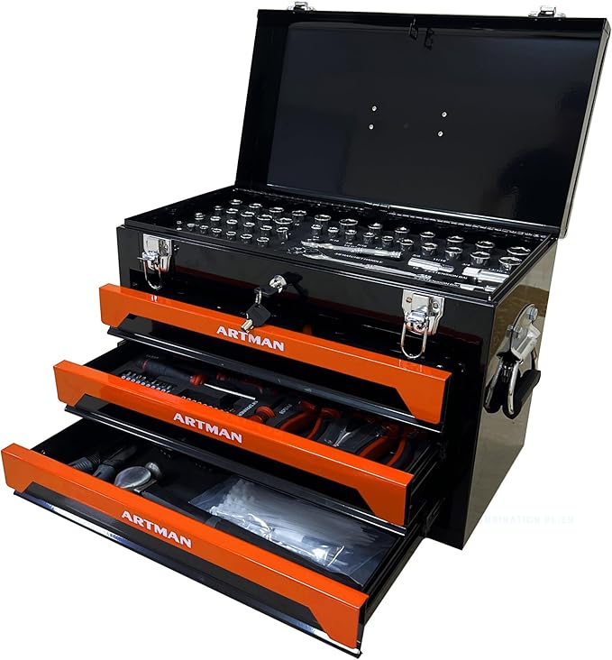 439-Piece Mechanics Tool Set, Household Tool kit with 3-Drawer Heavy Duty Metal Box, Portable Tool Box for Home/Auto Repair - Gift for Men - Orange & Black