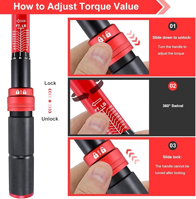 3/4 Torque Wrench,3/4 Drive Torque Wrench-30-350 Ft-Lb(40.7-474.3Nm) Dual Scales,Precision Instruments Torque Wrench Pre-Calibrated Accuracy+-3%,48-Tooth Dual-Direction for Auto & Machinery