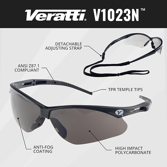 Veratti V1023N Safety Glasses, Gray Anti-Fog Lens, ANSI Z87.1, Removable Strap, Black Frame, Impact Resistant