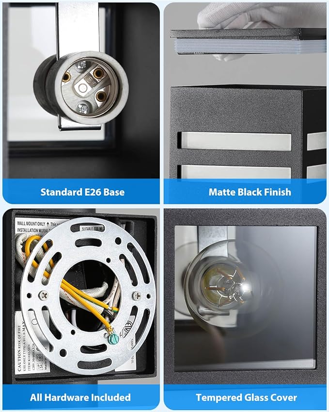 KIZON Outdoor Wall Lights Dusk to Dawn, Modern Outdoor Sconce Up and Down Lighting, Square Matte Black Exterior Lighting Fixture Wall Mount for House Porch, LED Bulbs Included, ETL Listed