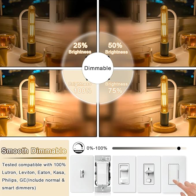 7.3 Inch E26 Led Bulb 6W Dimmable, 2700K Soft White Edison Bulbs 800LM, Equal 80 Watt Tubular T10 T9 Long Clear Glass Light Bulb for Rustic Pendant Pipe Wall Sconces Chandeliers - 6Pack